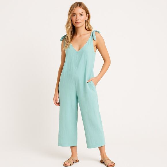 The Free Yoga Jumpsuit Medium Light Blue Pockets Tie Shoulder Side Zip Cropped - Picture 1 of 13